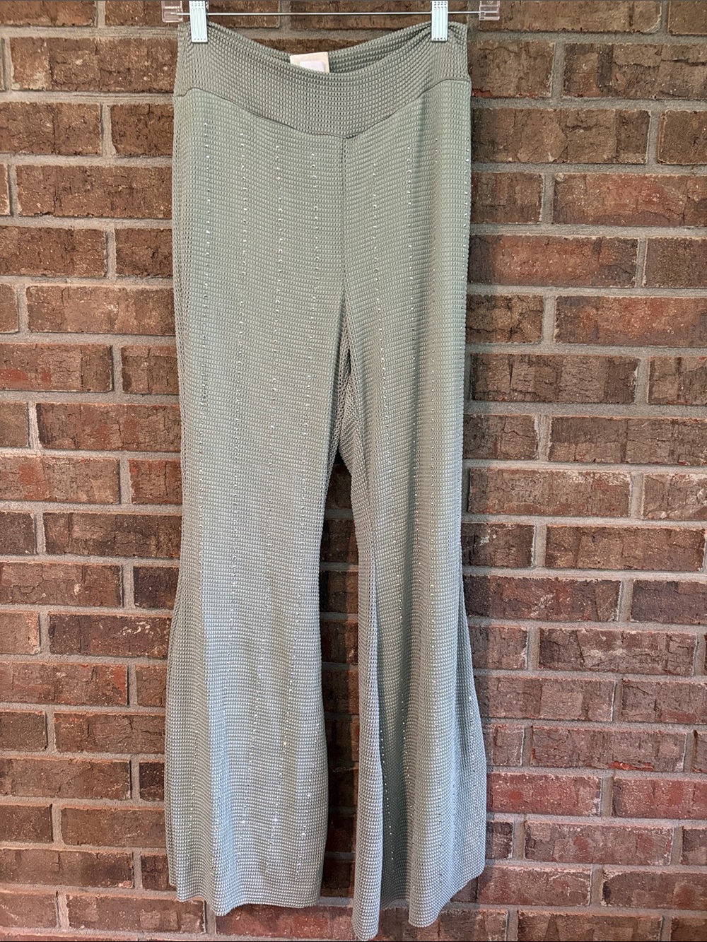 Vocal Sage Green Knit Boot‑Flare Pants with Subtle Shine